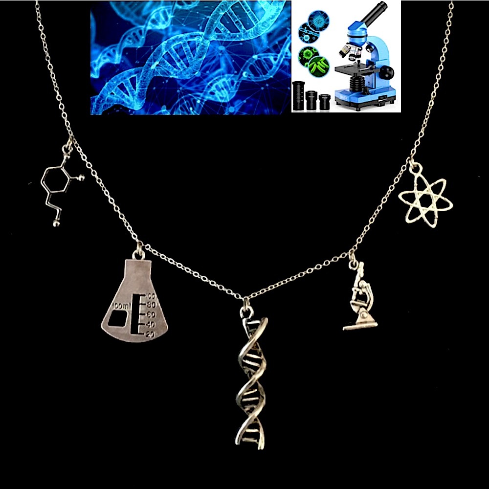 “Science Wiz" Handmade Charm Necklace, Chemistry, Biology, Physics, DNA, Atom